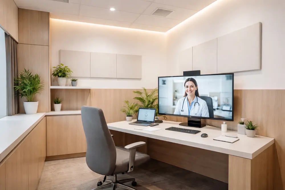 Estúdio de produção de EAD com câmeras, iluminação e telas, representando operações multimídia