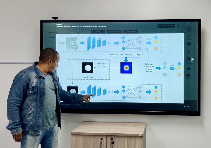 Ambiente acadêmico universitário com professor e estudantes