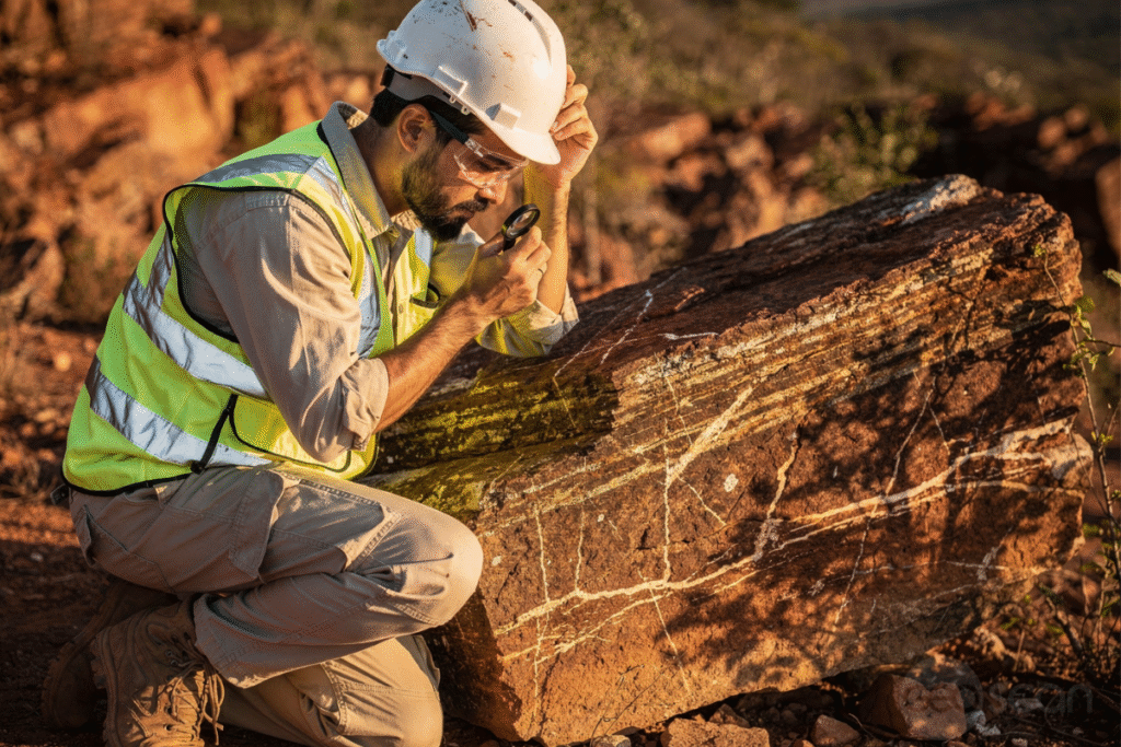 Profissional geólogo em atividade de campo, examinando afloramento rochoso