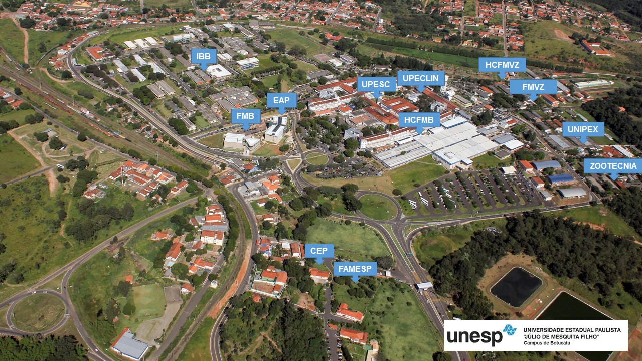 Vista aérea do campus da Unesp em Botucatu, com edificações e áreas verdes ao redor