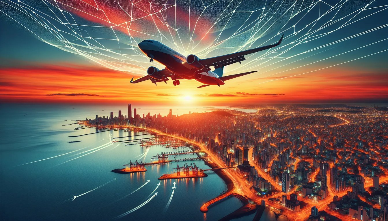 Vista aérea da Grande João Pessoa, com área urbana e avião ao pôr do sol