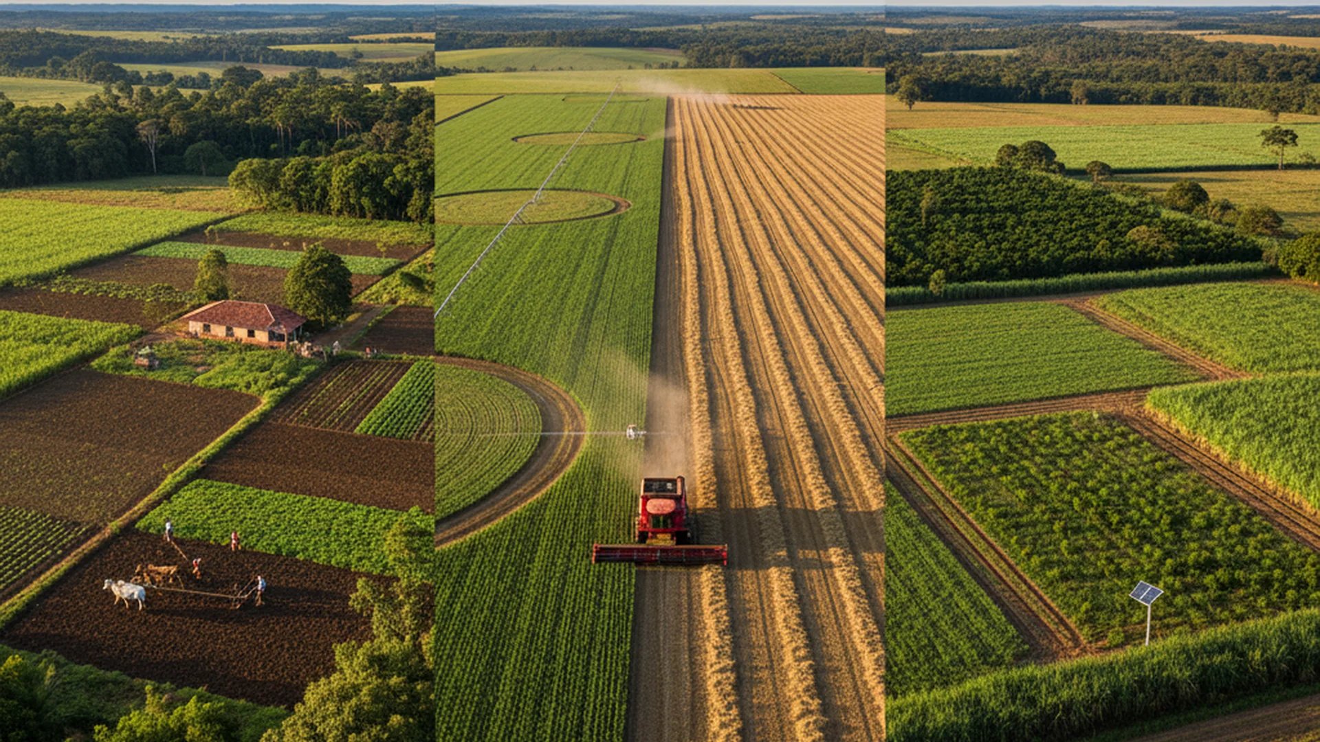 Paisagem agrícola com lavouras de grãos ao pôr do sol, em composição horizontal ampla