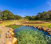 Parque Dr. Octávio Moura Andrade em Águas de São Pedro SP, com lago e vegetação