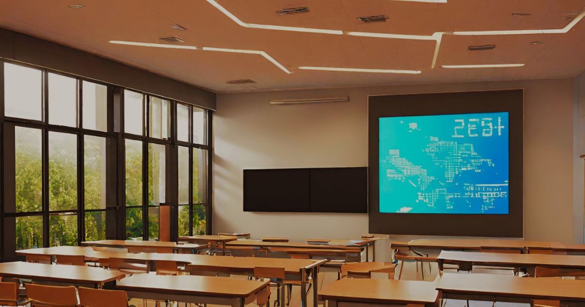 Ambiente acadêmico com lousa e projetor