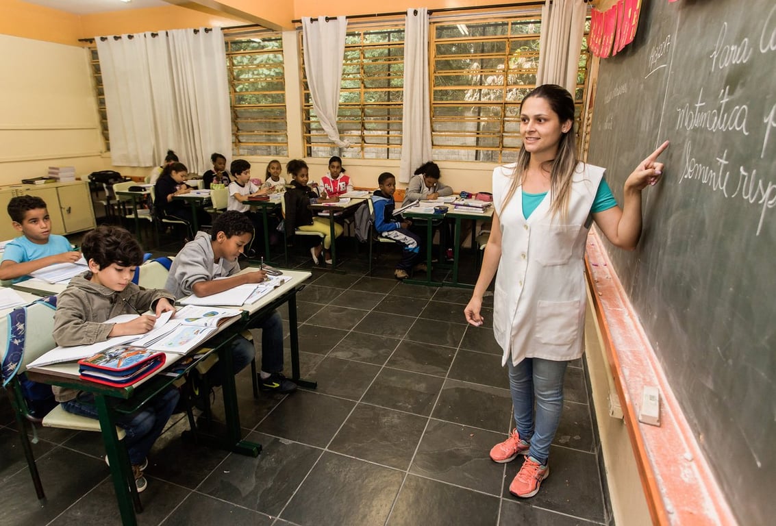 Sala de aula do Ensino Fundamental com professora e crianças em atividade