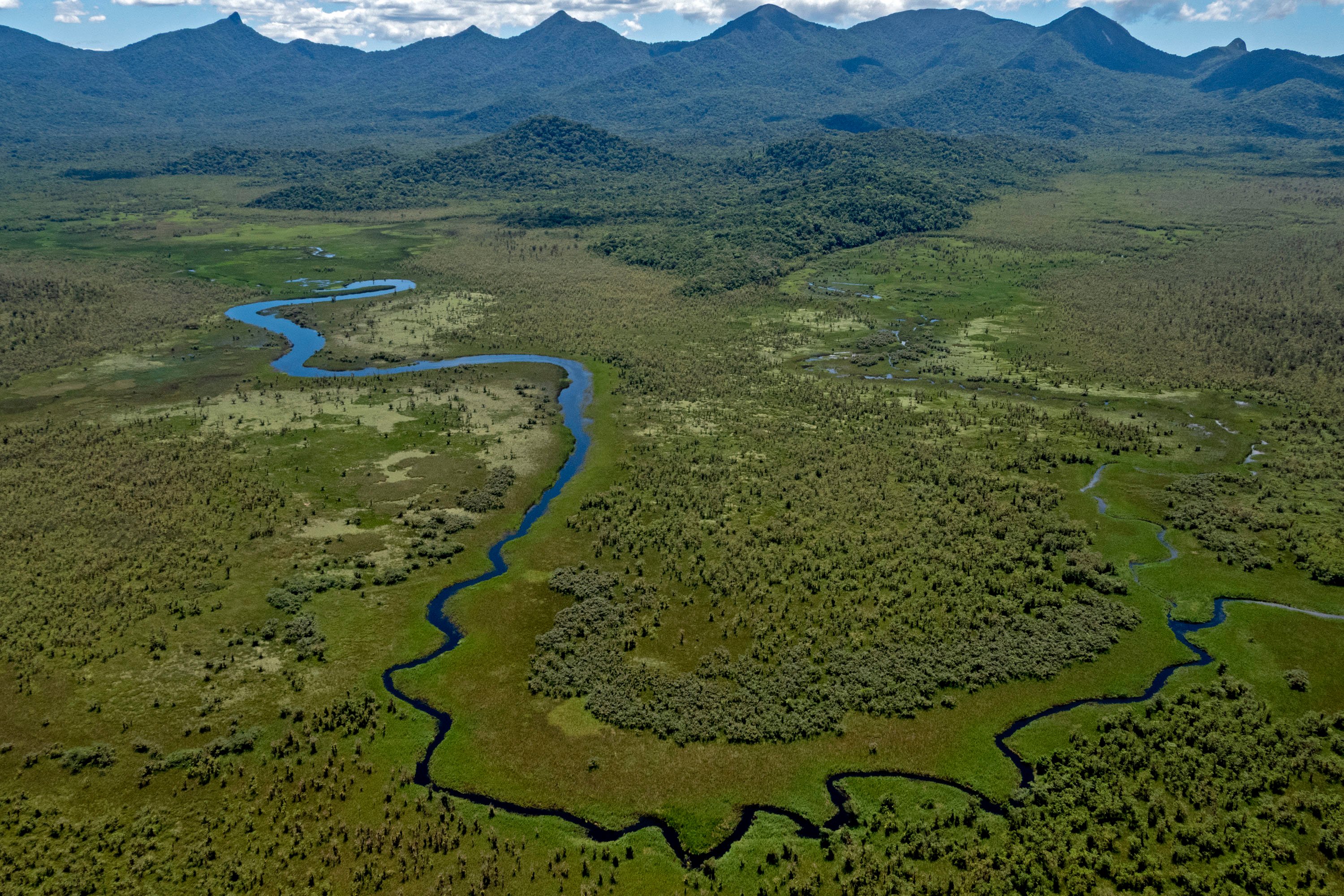 Vista aérea de região de Mata Atlântica com rios e serras