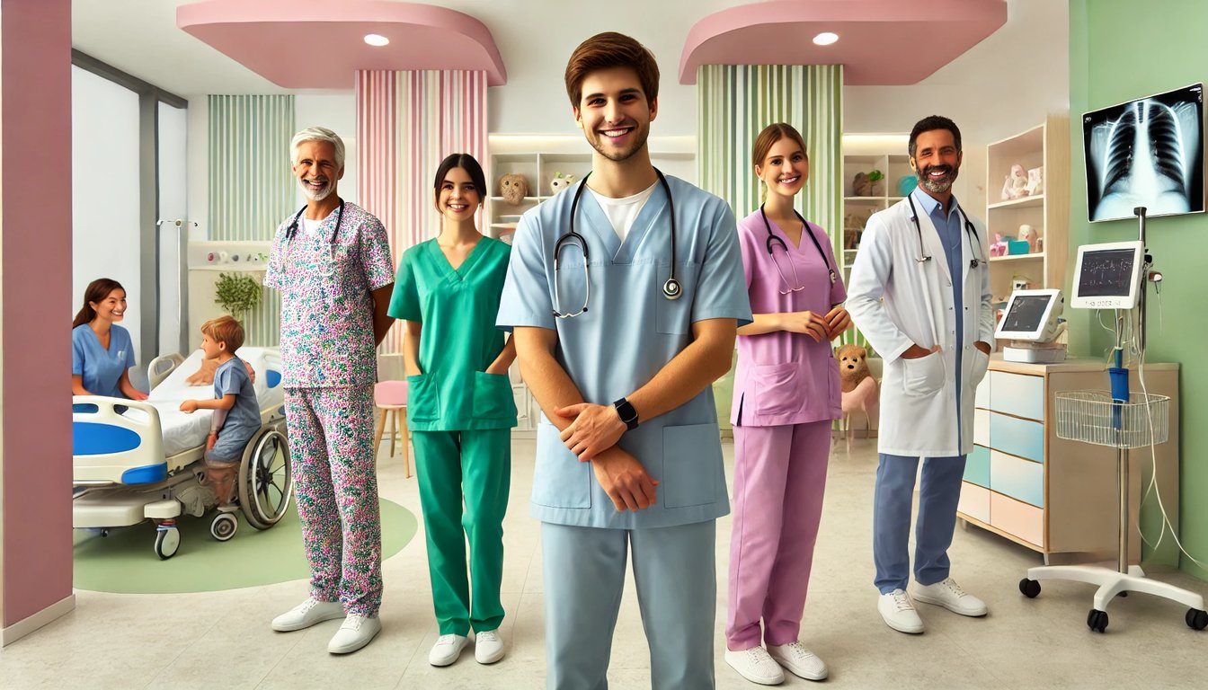 Profissionais de saúde em ambiente hospitalar moderno