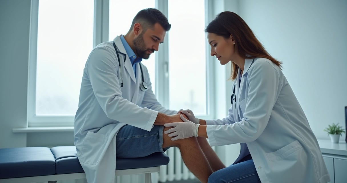 Médico examinando exame de joelho em ambiente clínico