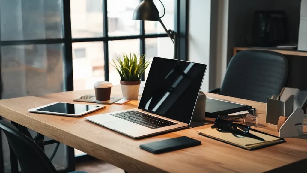 Ambiente de escritório moderno, com mesa, computador e documentos
