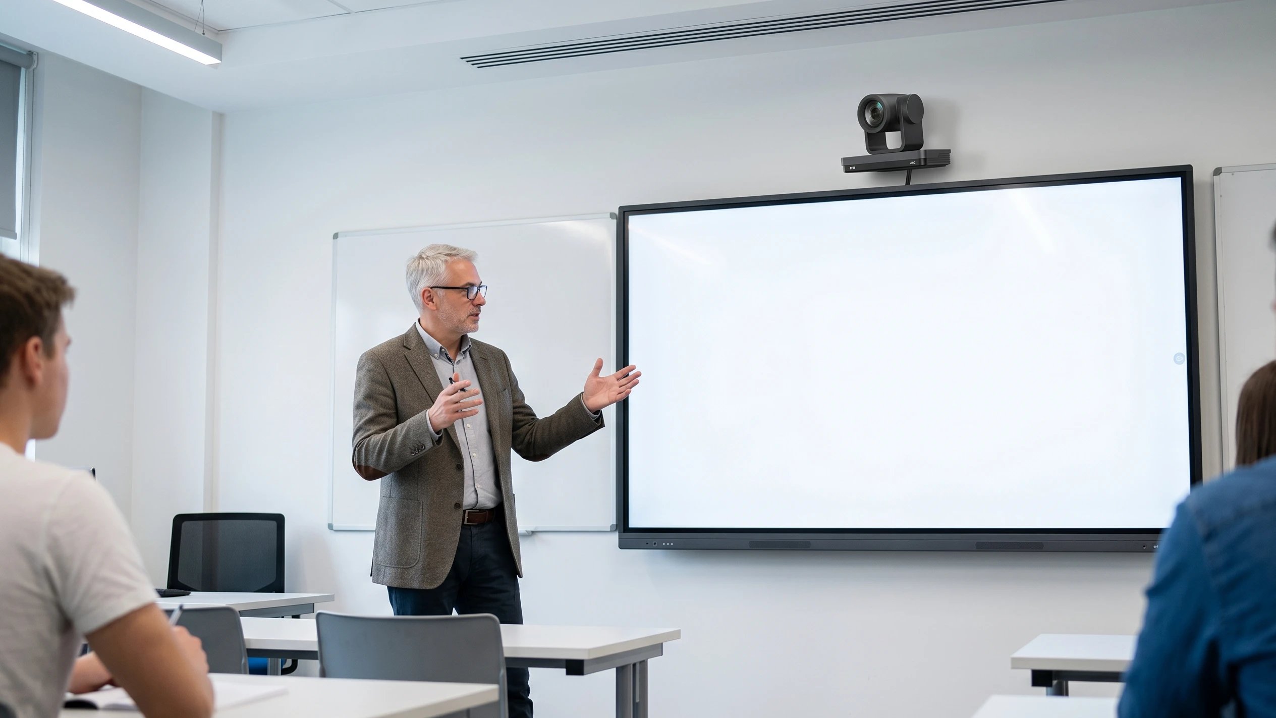 Aula em ambiente iluminado com professor e estudantes do ensino médio