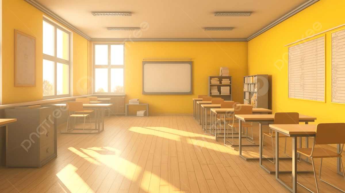 Sala de aula iluminada, com carteiras organizadas e lousa ao fundo