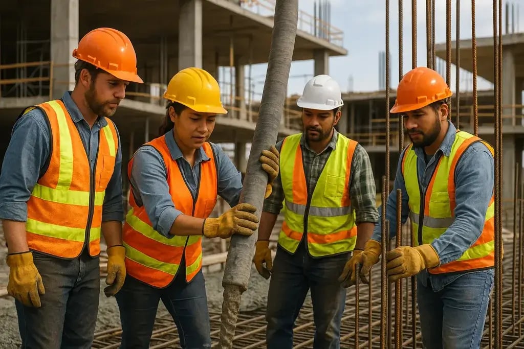 Trabalhadores da construção civil com EPI em canteiro de obras