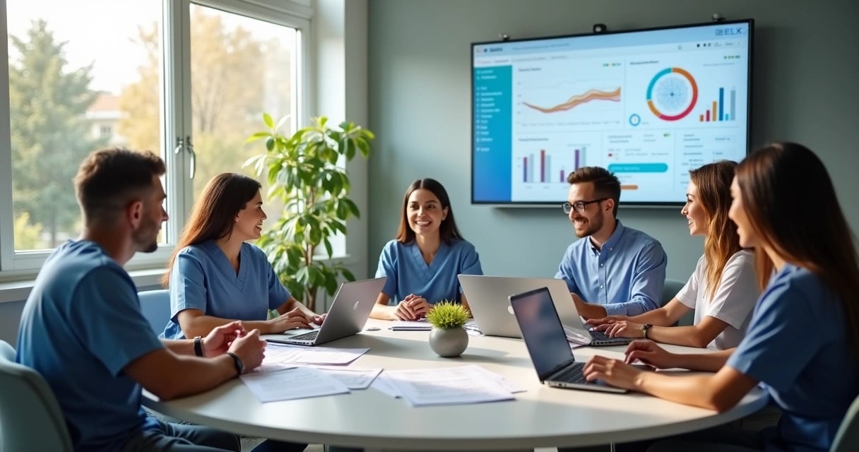 Profissionais de saúde em reunião multidisciplinar, ambiente institucional, formato horizontal