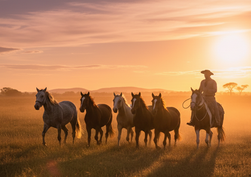 Paisagem típica da Campanha Gaúcha ao entardecer, com cavaleiro conduzindo tropa em campo aberto
