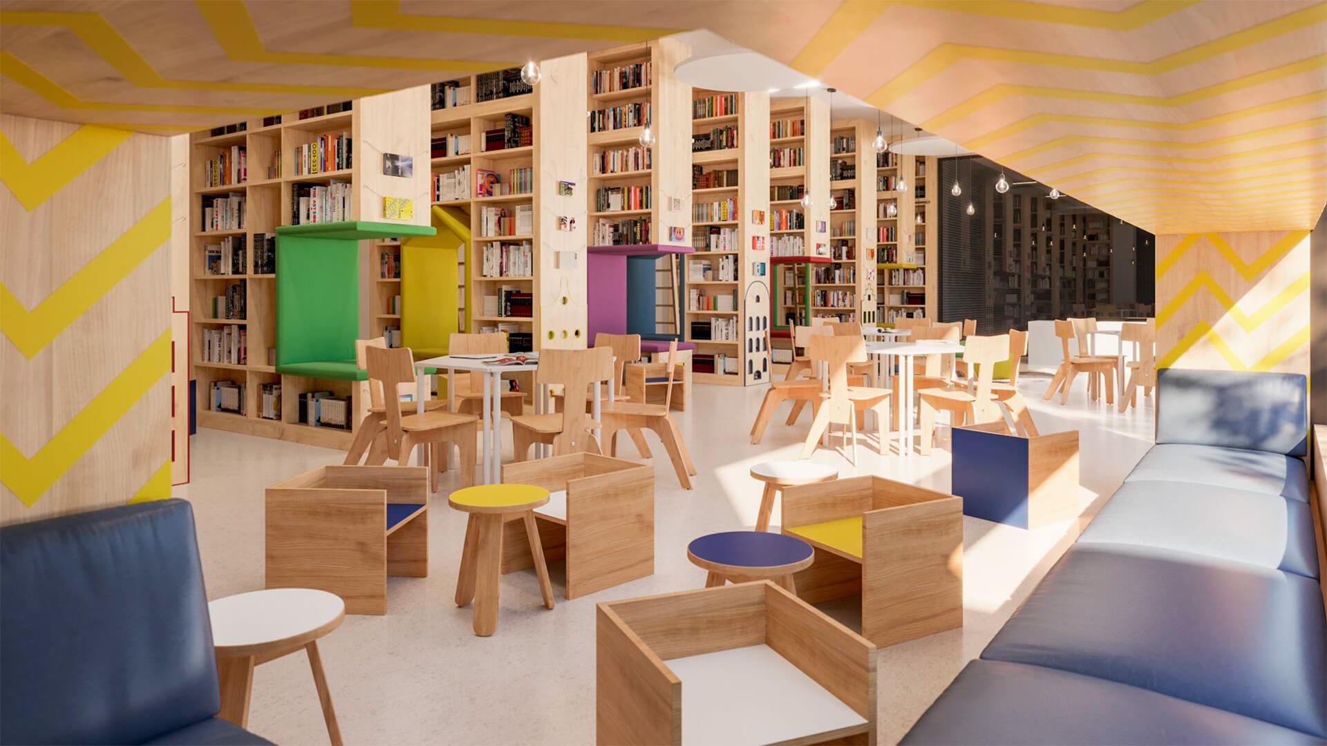 Interior de biblioteca universitária moderna, com estantes, mesas de estudo e luz natural