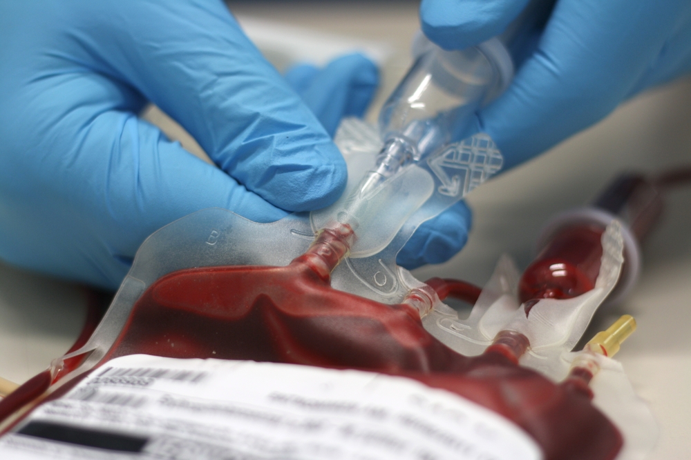 Profissional de saúde manipulando bolsa de sangue em ambiente de hemoterapia