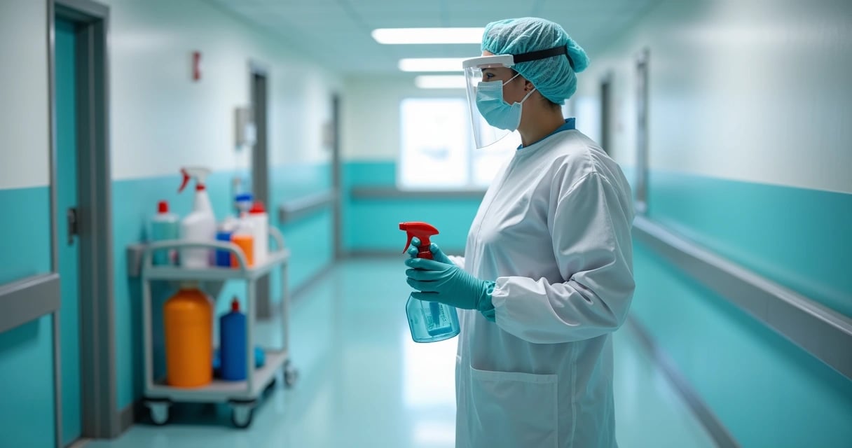 Corredor de hospital com profissional usando EPIs