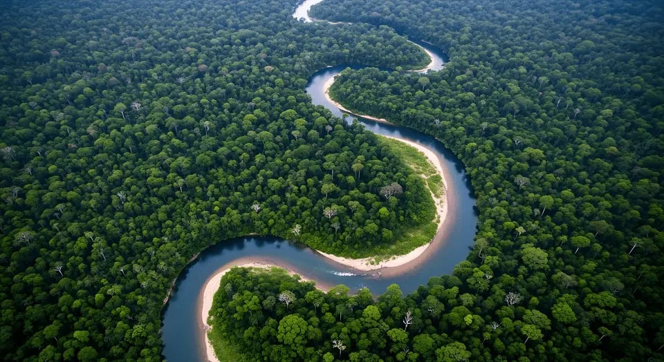 Vista aérea de rio sinuoso cortando a floresta amazônica ao pôr do sol, no Pará