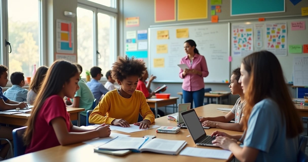 Sala de aula da educação básica com professor à frente de alunos, ambiente moderno e inclusivo