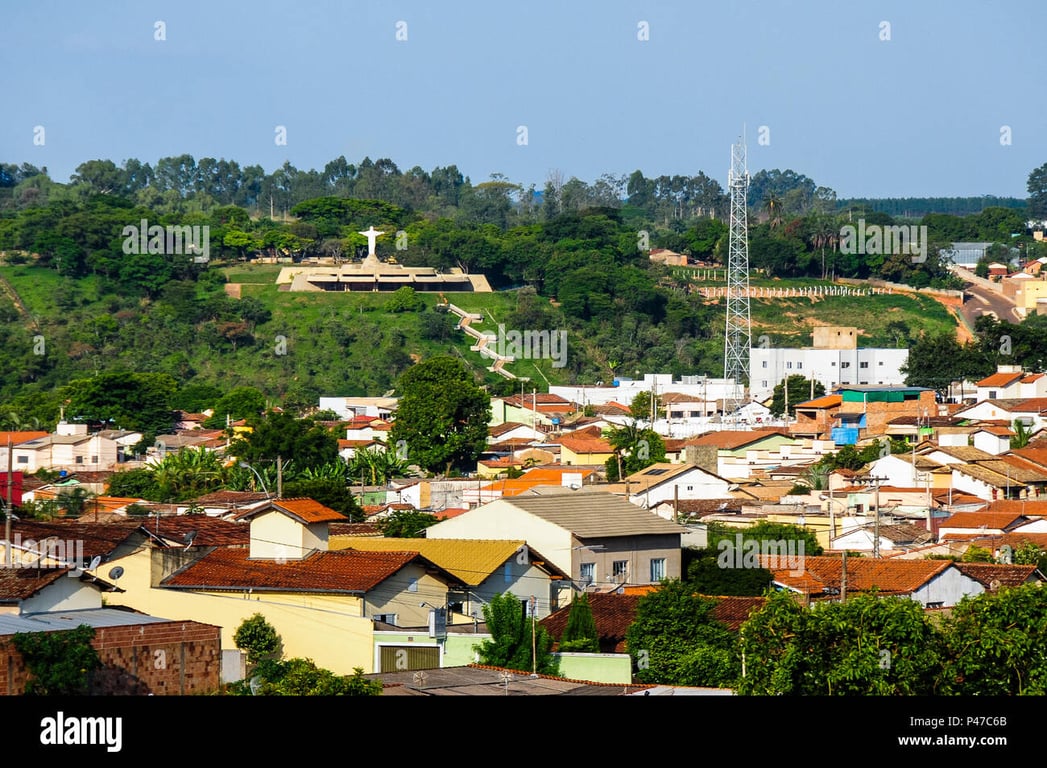 Vista urbana de cidade da Zona da Mata mineira, com morros verdes ao fundo e casario baixo