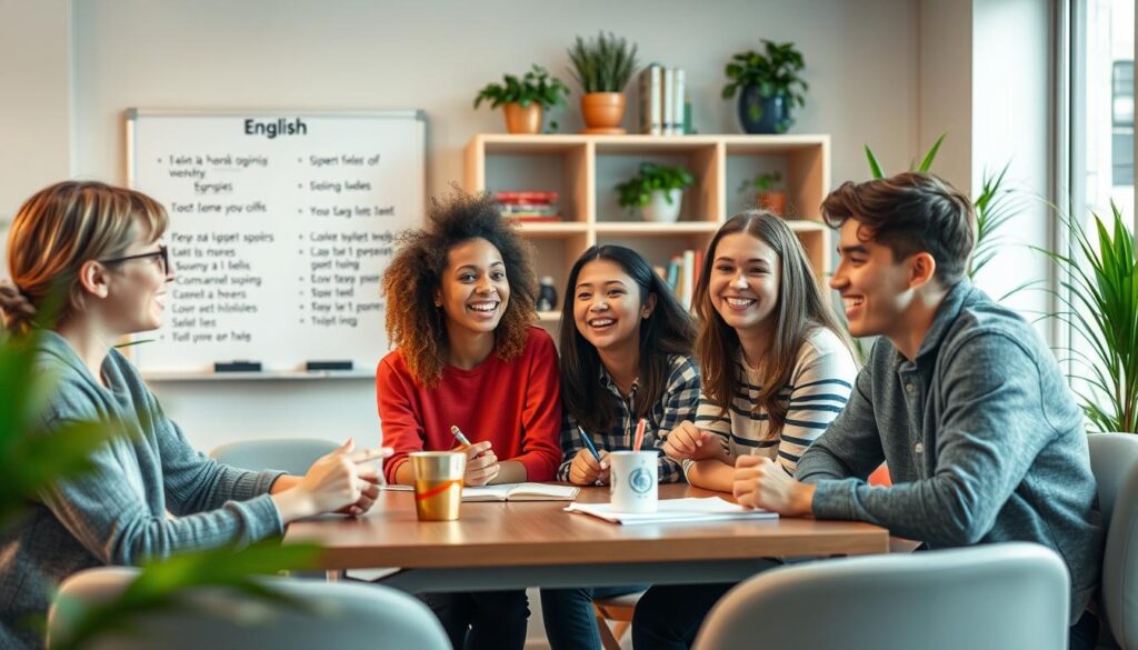 Sala de aula moderna com professor e estudantes em atividade durante aula de línguas.
