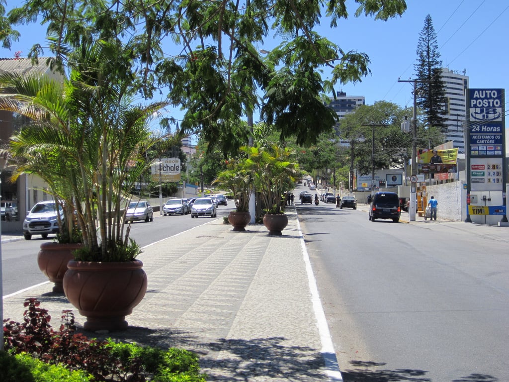 Avenida urbana de cidade do Sul do Brasil, com árvores e edifícios baixos