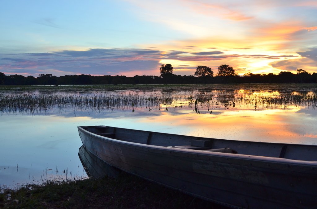 Rio ao entardecer em região amazônica, com barco e vegetação densa à margem