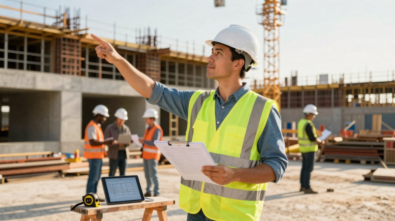 Engenheiros analisando plantas em canteiro de obras ao entardecer