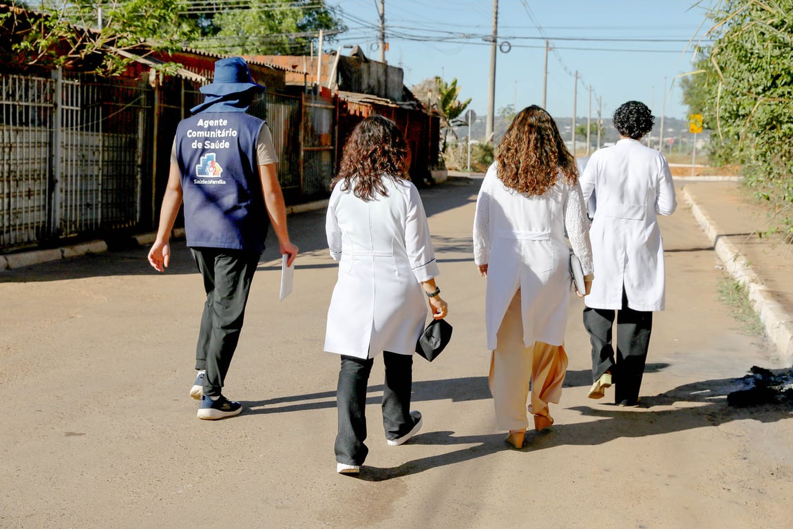 Equipe de profissionais de saúde caminhando em via pública rumo a atendimento na comunidade