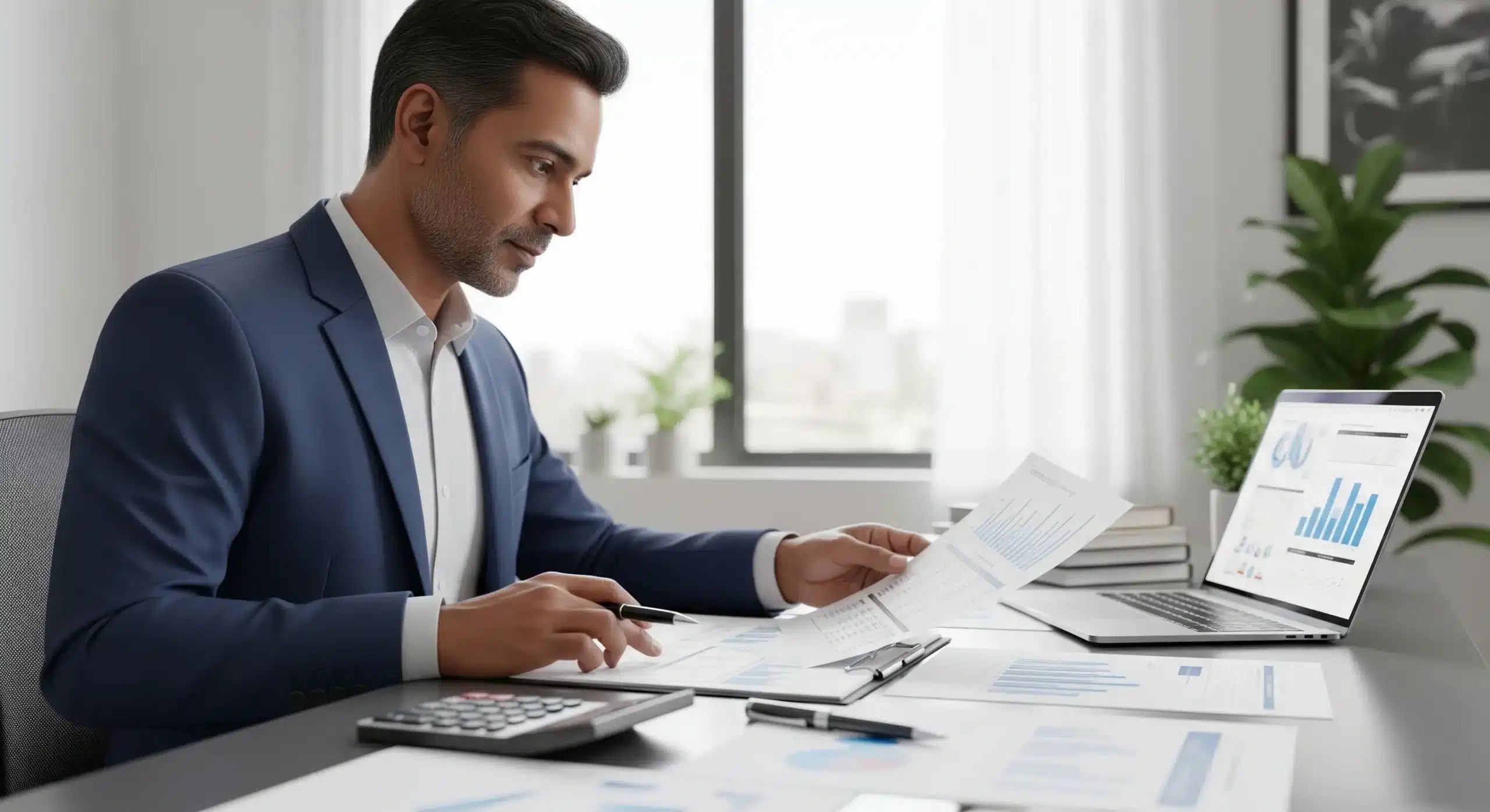 Profissional analisando planilhas em escritório moderno, em ambiente de gestão administrativa/financeira