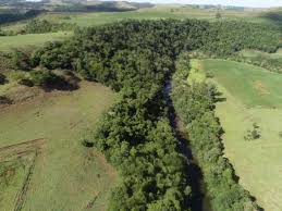 Paisagem do Meio-Oeste de Santa Catarina, com relevo ondulado e vegetação, representando uma área rural.