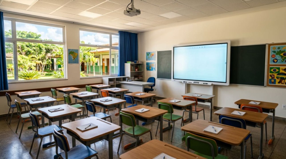 Sala de aula da rede pública, carteiras organizadas