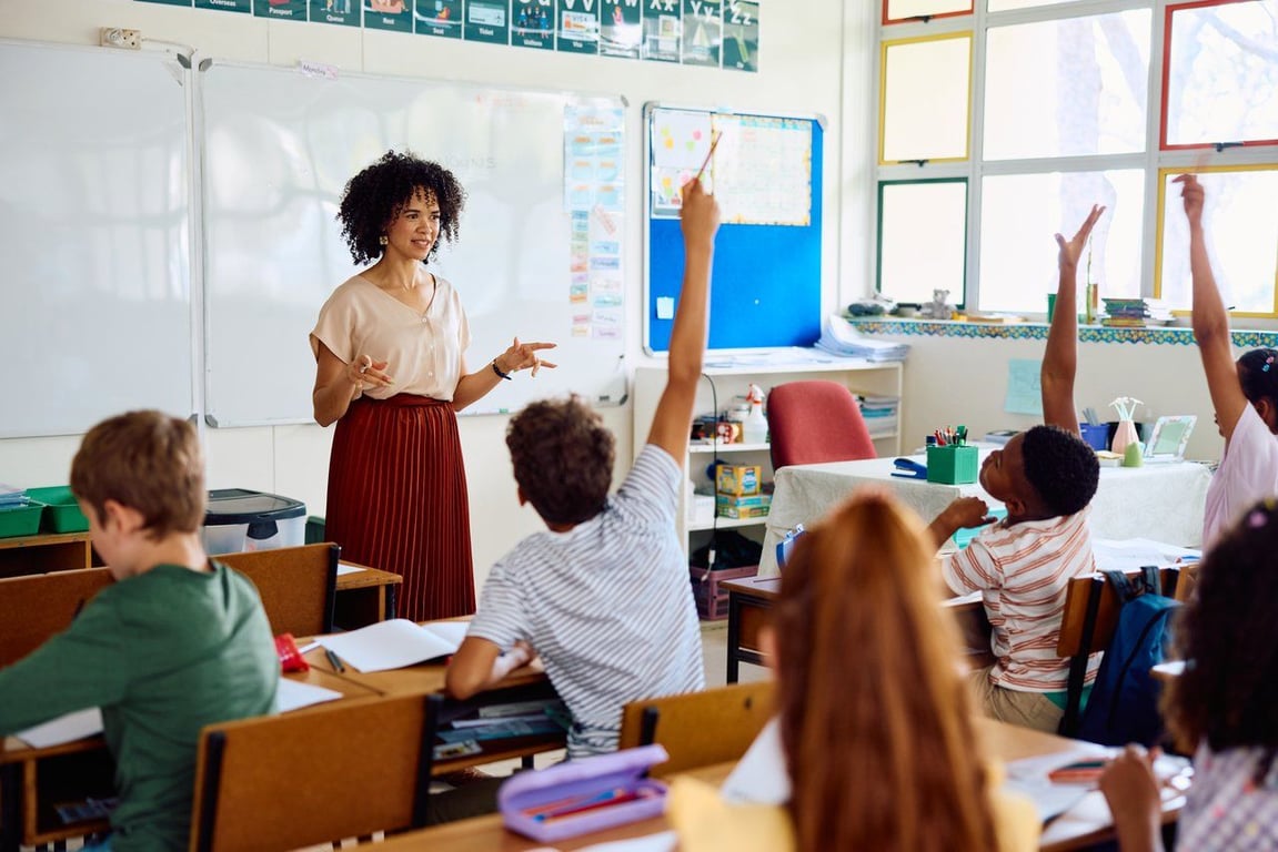 Sala de aula do Ensino Fundamental com professora e alunos