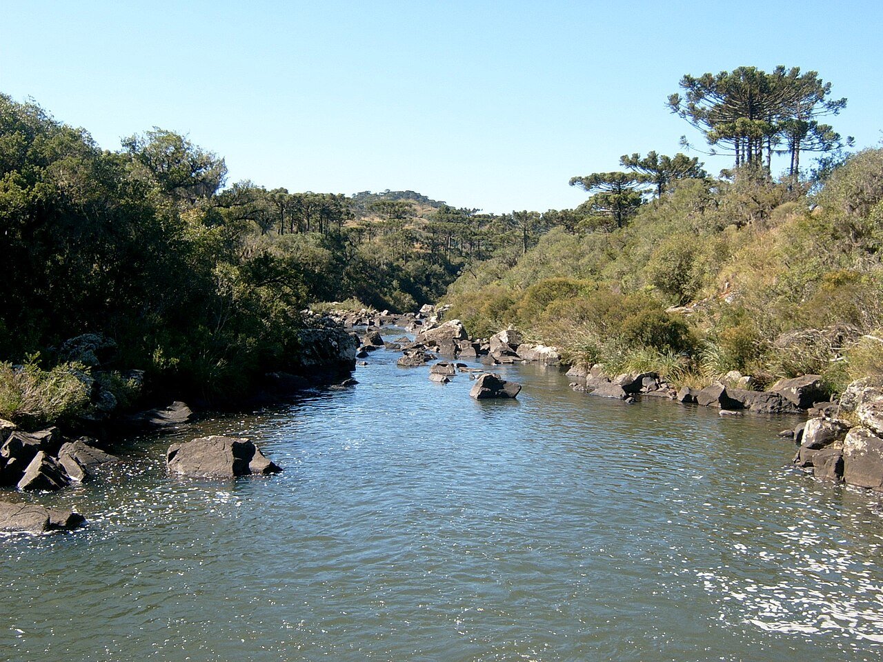 Paisagem serrana de Santa Catarina, com rio e vegetação nativa ao fundo