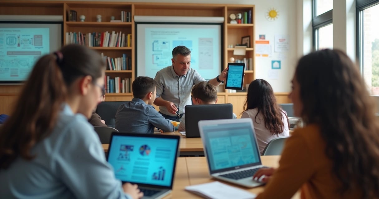 Sala de aula moderna com professor e alunos atentos