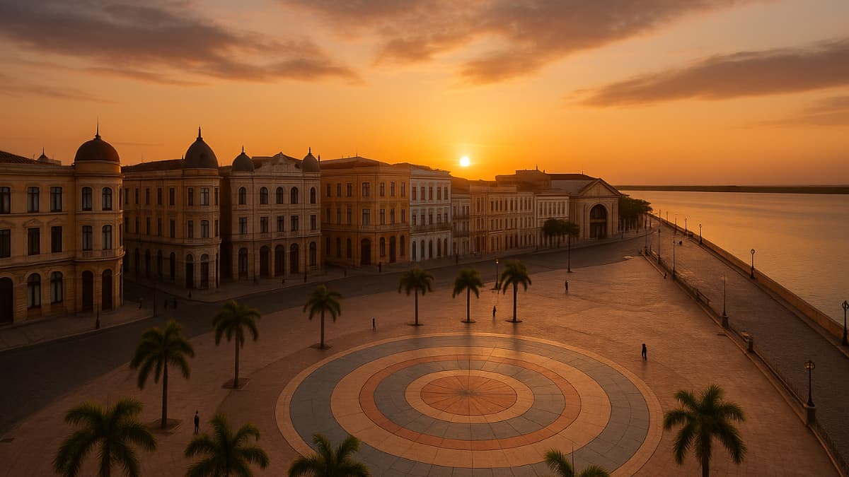 Vista aérea do Recife ao entardecer, com o Marco Zero e o porto ao fundo
