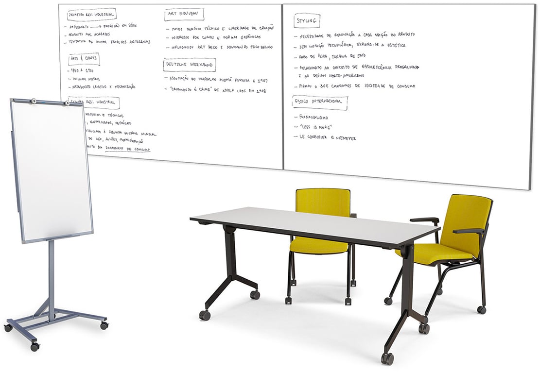 Sala de aula com carteiras organizadas e quadro branco