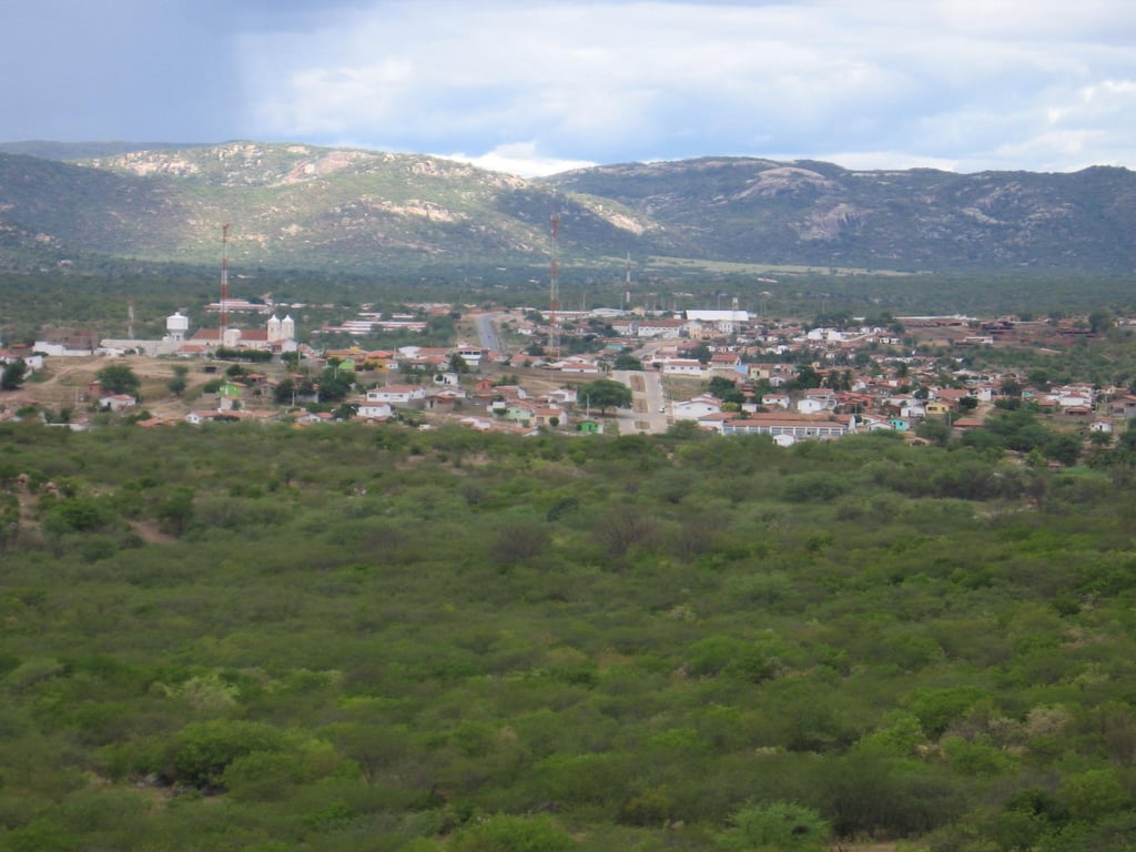 Paisagem de Acari RN, com vegetação do semiárido e a cidade ao fundo