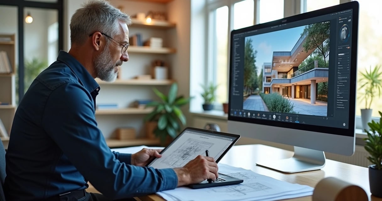 Profissionais analisando plantas e mapas urbanos em escritório contemporâneo.