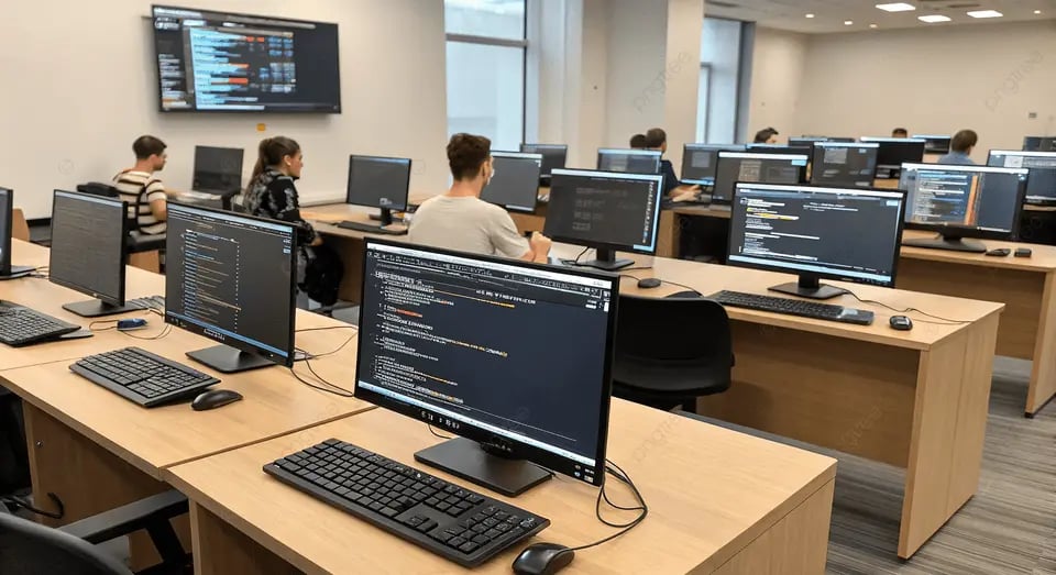 Laboratório de informática com estudantes usando computadores; telas exibem código, ambiente acadêmico iluminado e organizado.