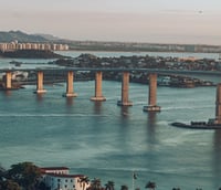 Vista aérea de Florianópolis com a Ponte Hercílio Luz ao entardecer.