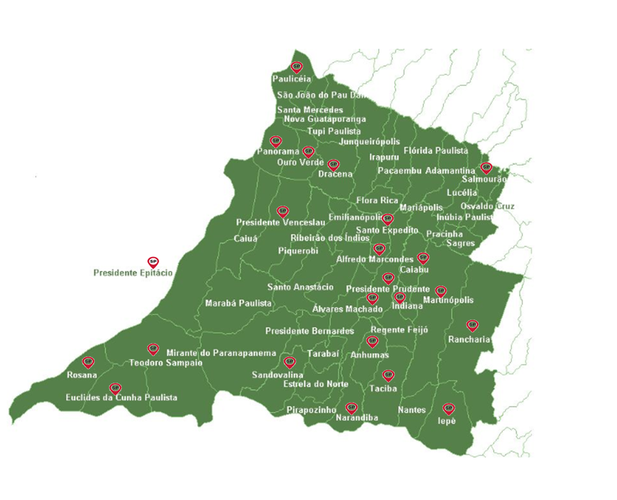 Mapa da região do Oeste Paulista com municípios e rodovias destacados