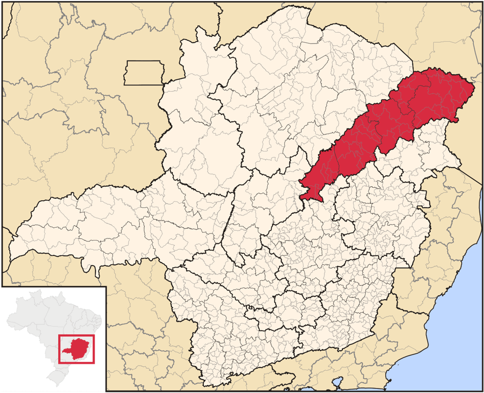 Mapa de Minas Gerais com destaque para a região do Vale do Jequitinhonha