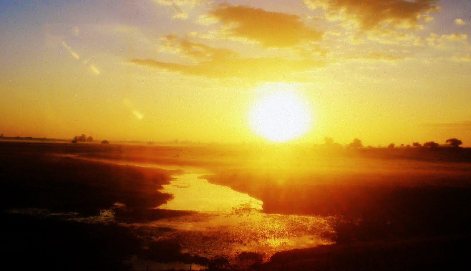 Estrada rural no pampa gaúcho, com campos ao pôr do sol e um riacho ao lado