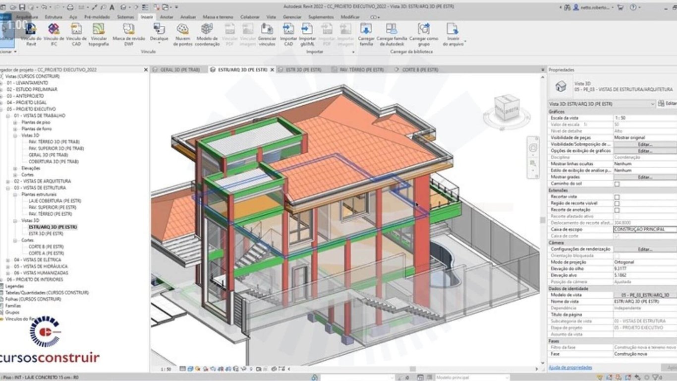 Ilustração de formação técnica em edificações, com projeto arquitetônico digital e elementos de obra