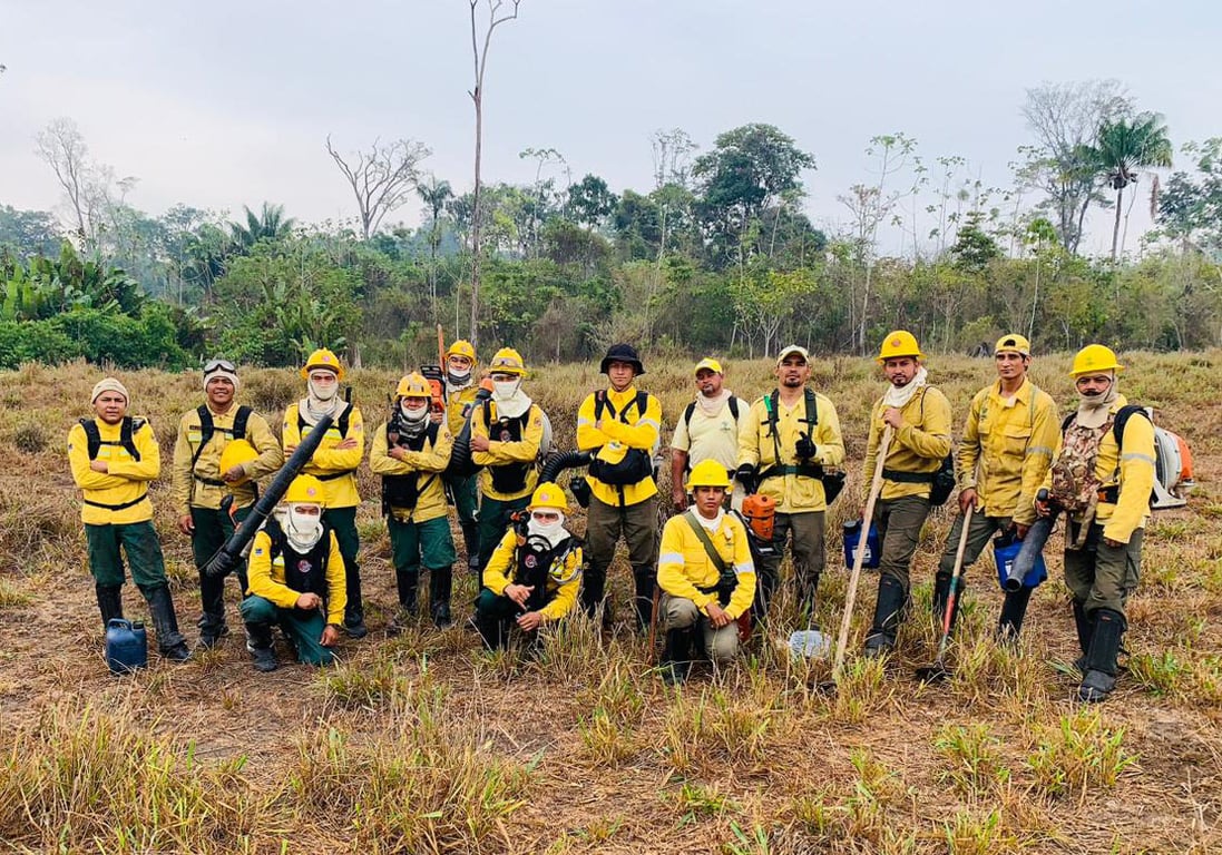 Brigadistas em ação de manejo em área de vegetação no Centro-Oeste