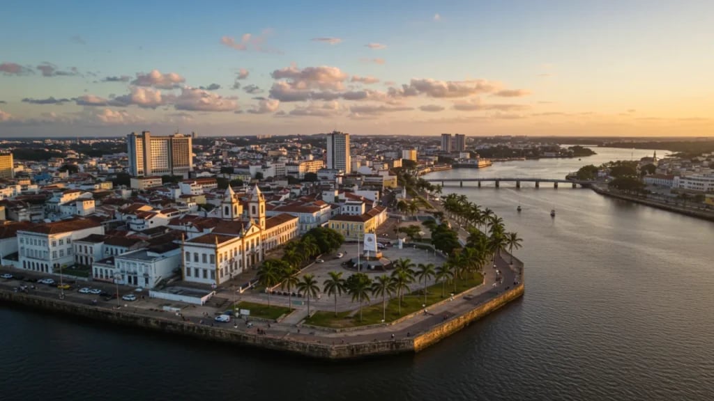 Vista aérea de Recife ao entardecer, com rio e prédios ao fundo