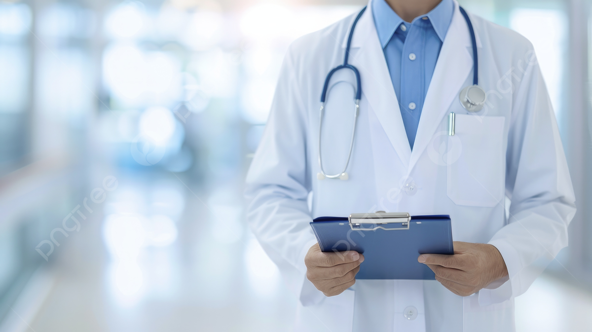 Profissional de saúde caminhando em corredor de hospital, com jaleco e prancheta
