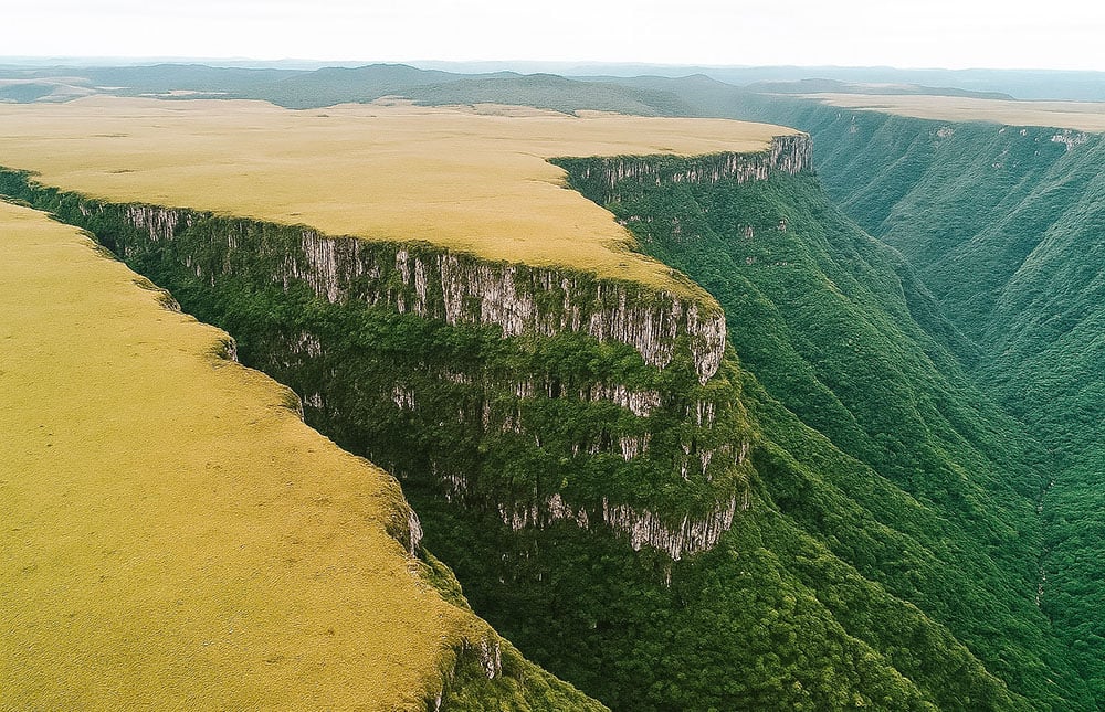 BR-116 na Serra Catarinense ao entardecer, com relevo ondulado e vegetação típica