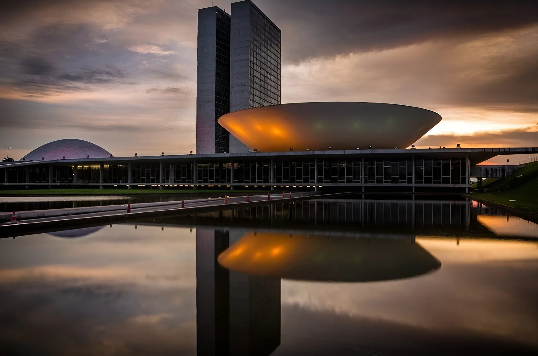Brasília ao pôr do sol, com arquitetura moderna e eixos urbanos